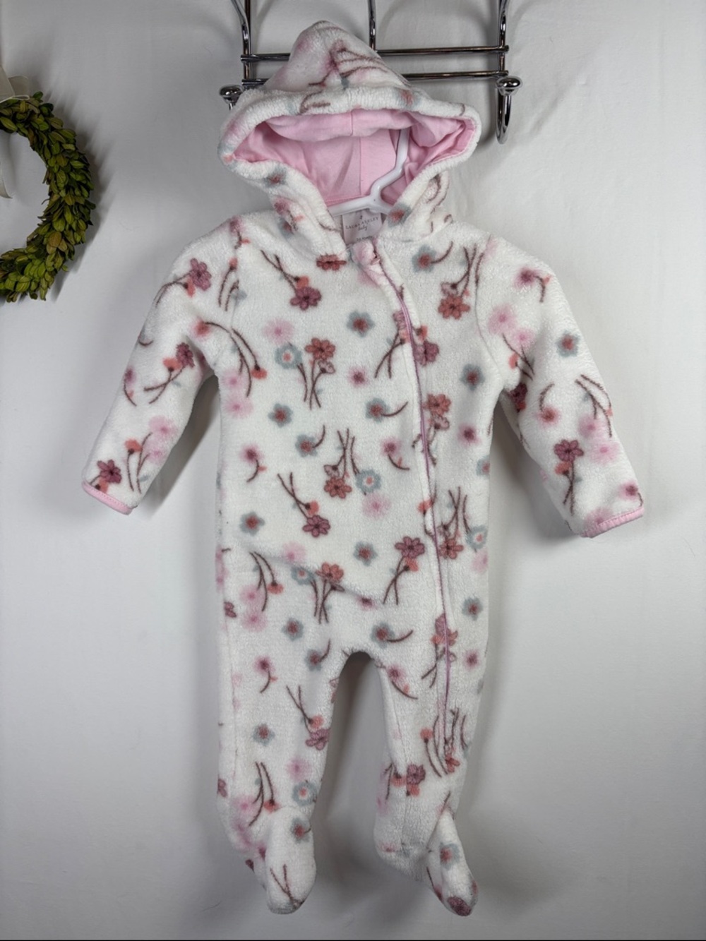 LAURA ASHLEY Baby Hooded Footed One Piece Zip Fleece size 3-6 months